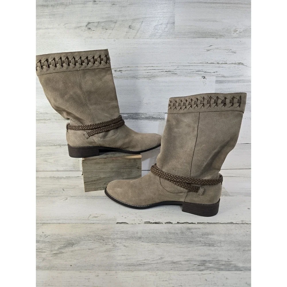 Very Volatile Womens 8.5 Taupe Suede Mid-Calf Boho Boots‎ Braided Tassel Accent